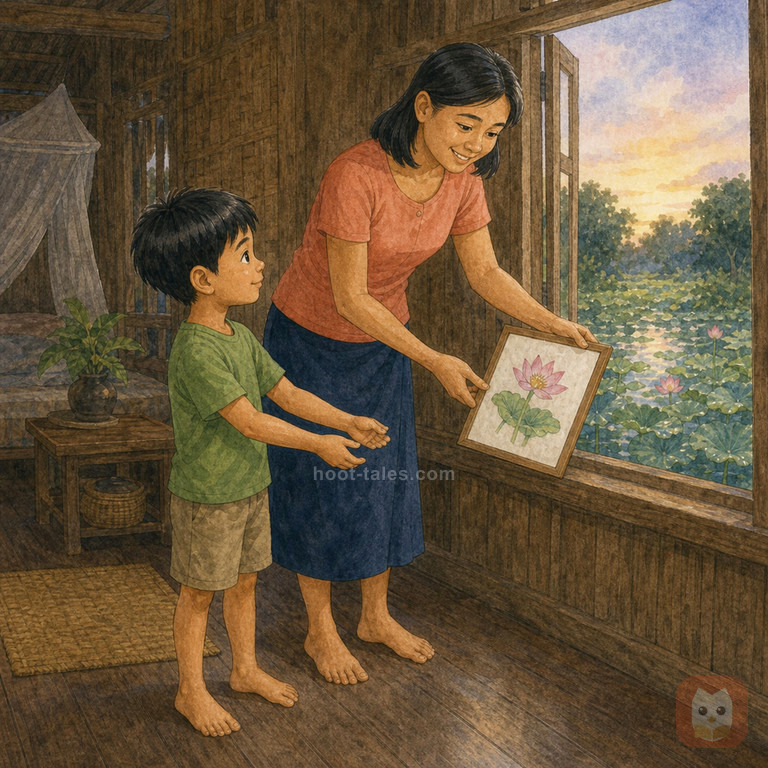 นิรันดร์มอบภาพวาดบ่อบัวให้แม่ในบ้าน แม่ติดภาพไว้ข้างหน้าต่างและทั้งคู่ยิ้มอย่างภูมิใจยามเย็น