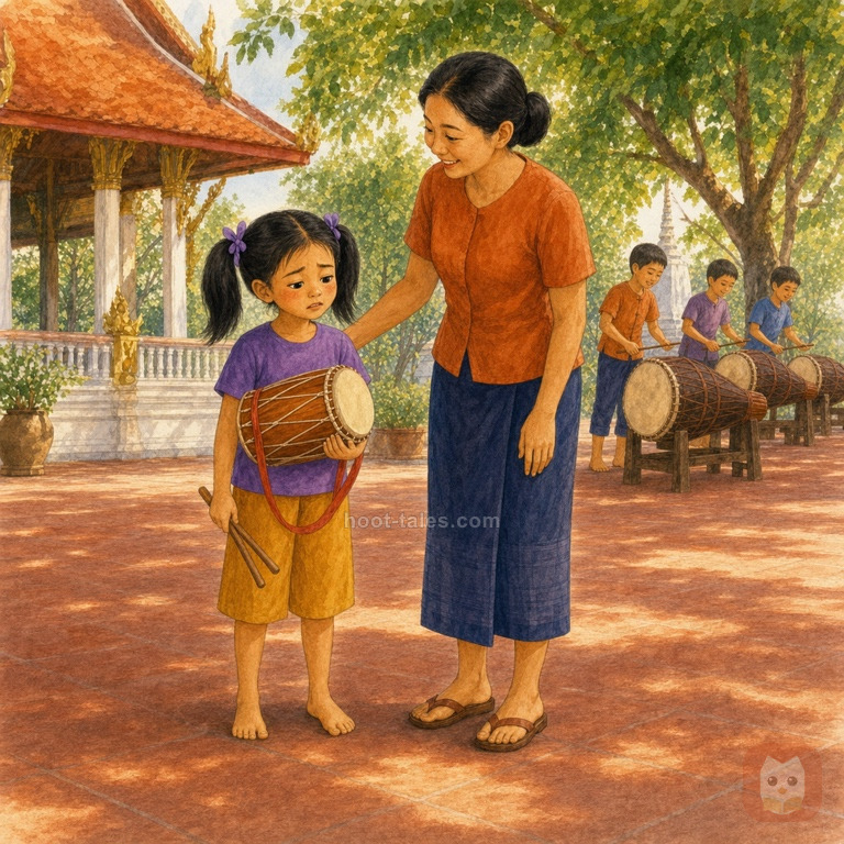 นุ่นถือกลองใบเล็กและไม้กลอง ดูกังวลหลังตีเร็วจนแตกจังหวะระหว่างการซ้อมกลองยาว