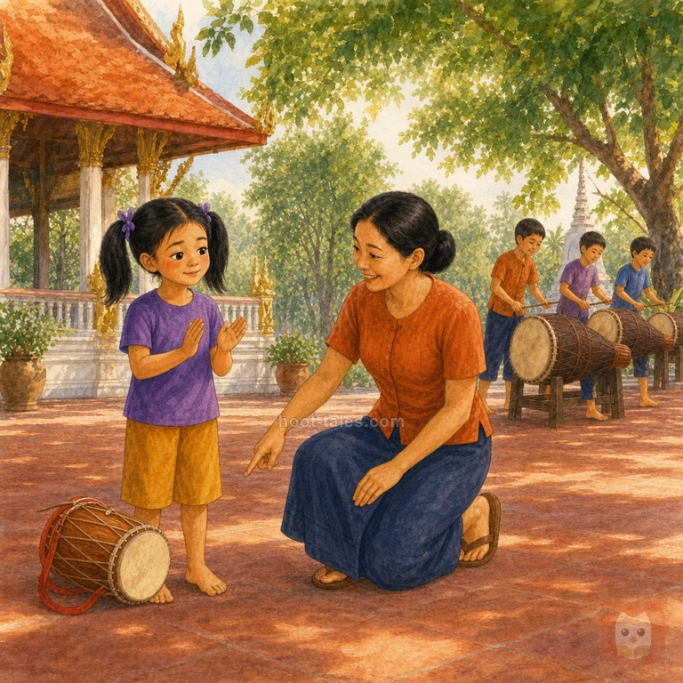 ครูดนตรีชี้จังหวะเท้าของคนในขบวนให้นุ่นฟัง ขณะที่นุ่นตบมือตามอย่างตั้งใจที่ลานวัด