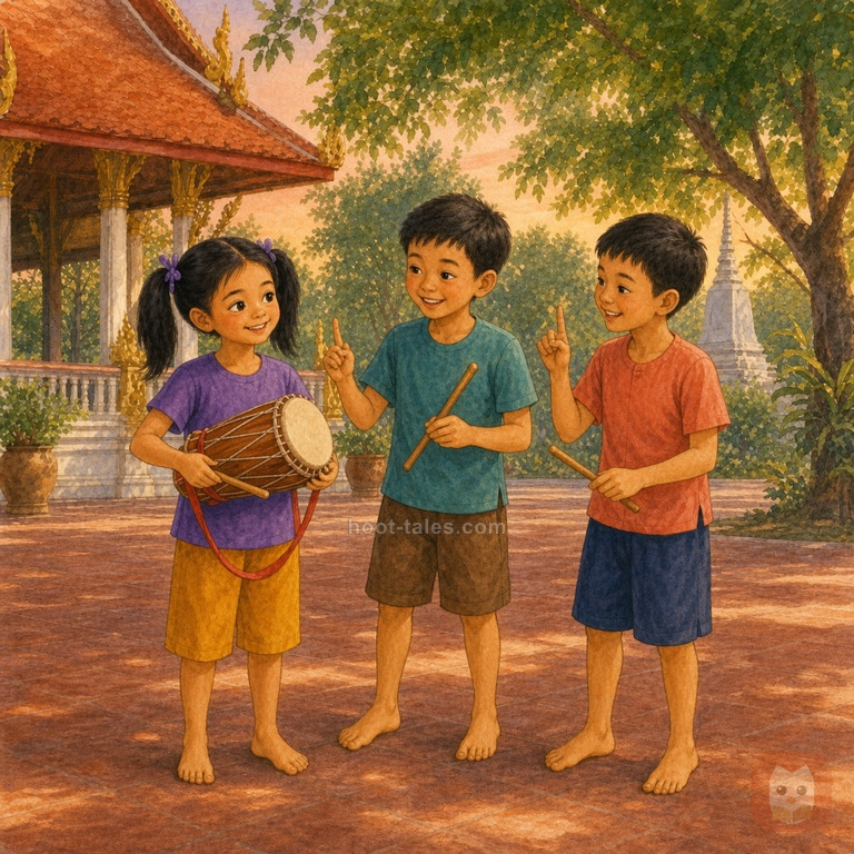 นุ่นฝึกตีกลองใบเล็กกับเพื่อนสองคนในลานวัดยามเย็น โดยทุกคนฟังจังหวะและยิ้มให้กัน