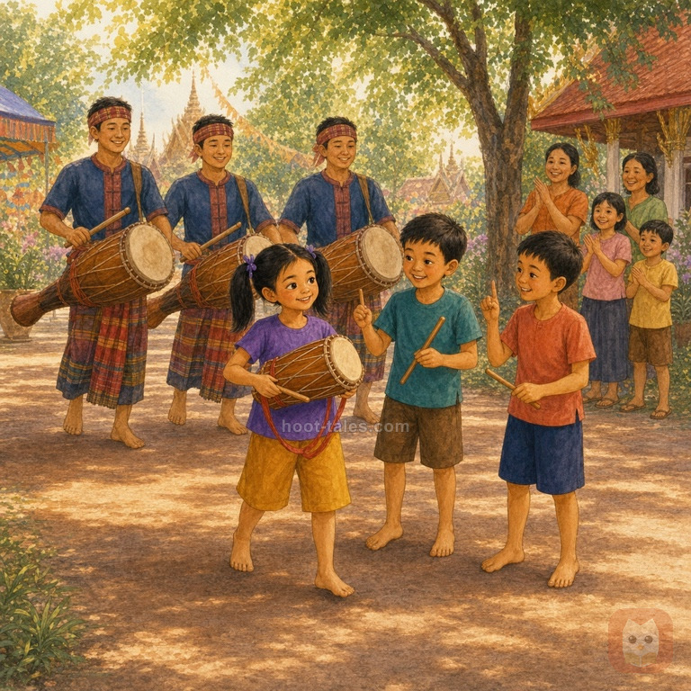 นุ่นเดินตีกลองใบเล็กอย่างมั่นใจในขบวนกลองยาวของชุมชนไทย มีเพื่อนนักดนตรีและผู้คนริมทางปรบมือ