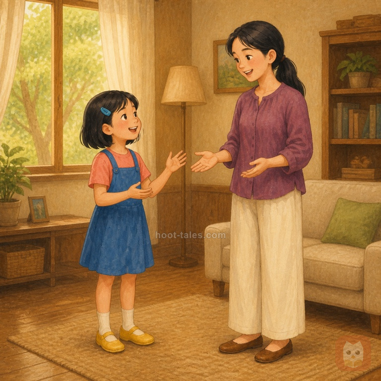 นวลเด็กหญิงไทยคุยกับพี่ใบตองหญิงไทยผู้หูหนวกในห้องนั่งเล่นยามเช้า พี่ใช้ภาษามืออย่างเป็นธรรมชาติและนวลตั้งใจมอง