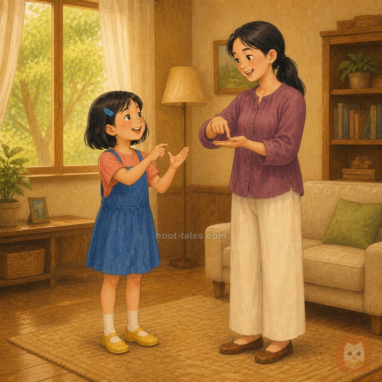 พี่ใบตองสอนภาษามือไทยให้นวลหน้ากระจกในแสงอ่อน ทั้งคู่เห็นมือและสีหน้าชัดและเรียนอย่างสนุก