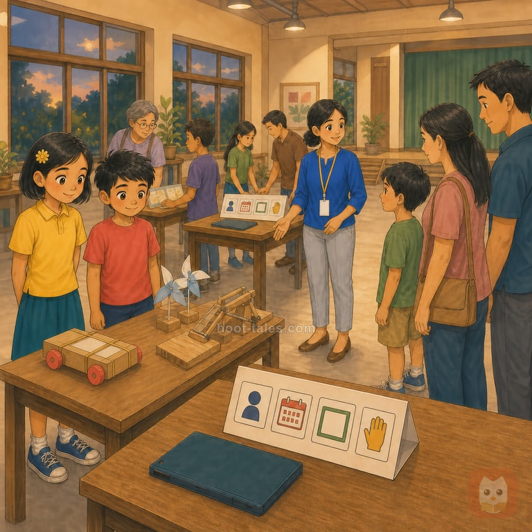 นิทรรศการของเล่นวิทยาศาสตร์เปิดตามปกติ พลอย วิน ครูมะลิ และเพื่อนๆ ยืนข้างรถพลังยาง กังหัน และบัตรภาพสี่ขั้นที่ไม่มีตัวอักษร