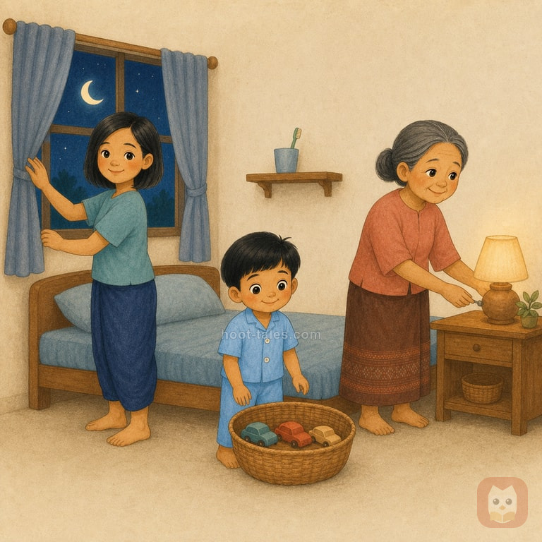 เมฆเด็กชายวัยสี่ขวบในชุดนอนสีฟ้าอยู่กับยายน้อยและน้าฝนในห้องนอนไทยร่วมสมัยยามค่ำ หลังเก็บของเล่นและแปรงฟันเสร็จอย่างสงบ