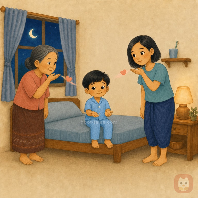 ยายน้อยและน้าฝนส่งจุ๊บลอยคนละหนึ่งรวมสองครั้งให้เมฆซึ่งนั่งรับด้วยสองมือบนเตียงยามค่ำ โดยไม่มีการสัมผัสใบหน้า