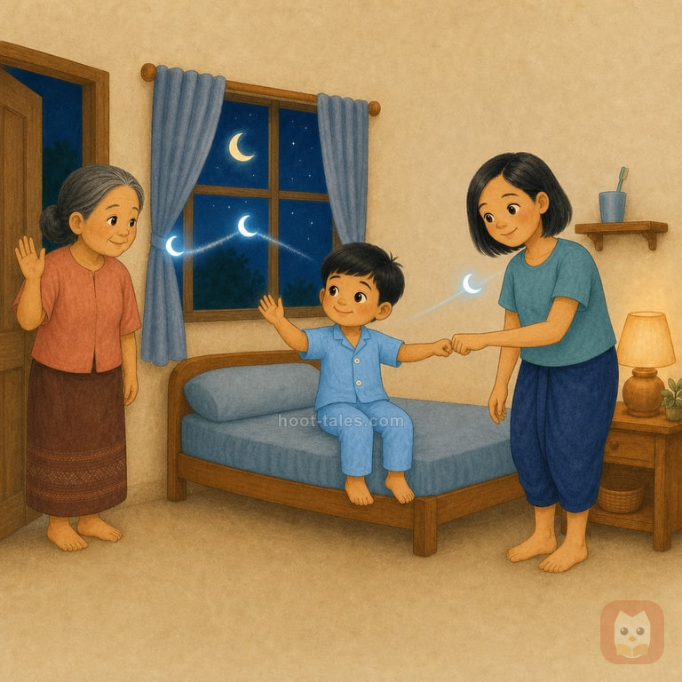 เมฆโบกมือให้ยายน้อย แตะมือกับน้าฝน และมองพระจันทร์นอกหน้าต่างเป็นสามคำราตรีสวัสดิ์ในห้องนอนแสงนุ่ม