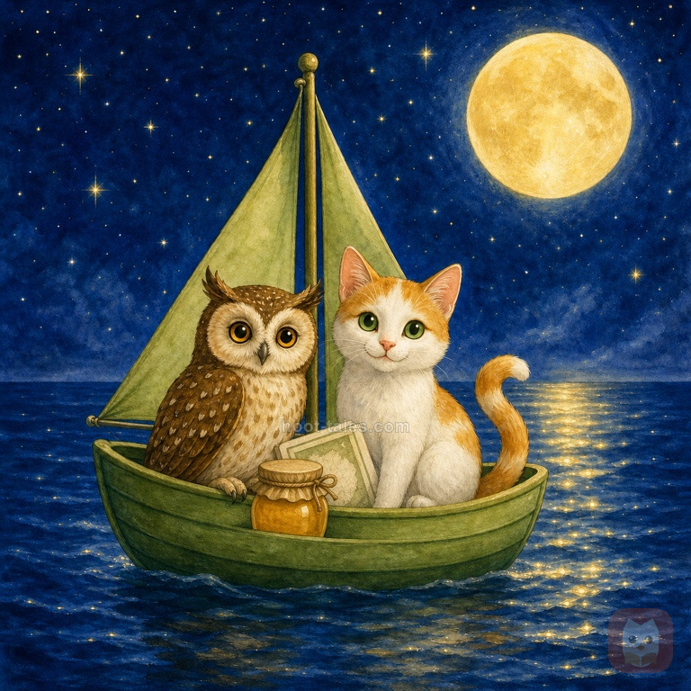นกฮูกและแมวสีสันสดใสนั่งเรือลำเล็กสีเขียวอ่อนแล่นบนทะเลสีน้ำเงินเข้มระยิบระยับยามค่ำคืน มีท้องฟ้าเต็มไปด้วยดาวสีสันสดใส
