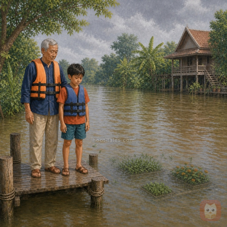 เปาเด็กชายไทยกับตายืนบนชานบ้านริมน้ำมองแปลงผักที่ถูกน้ำท่วมในเช้าครึ้ม ทั้งคู่ผิดหวังแต่ปลอดภัย
