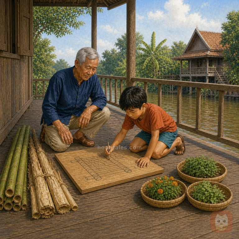 เปานั่งวาดแบบแพสวนบนกระดานที่ชานบ้าน ข้าง ๆ มีตา ไม้ไผ่ มัดกล้วยแห้ง และตะกร้าปลูกผัก