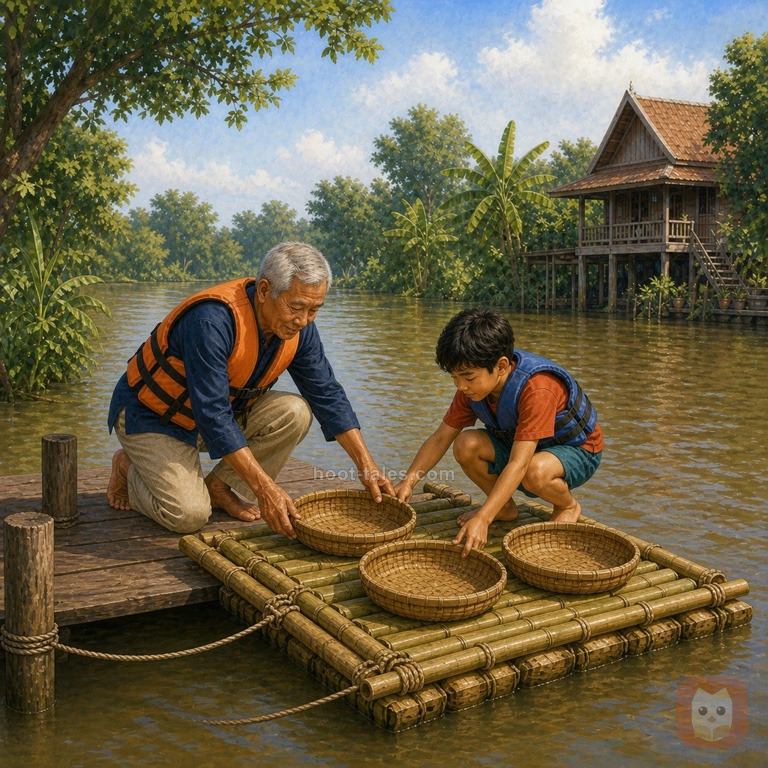 เปาและตานั่งบนท่าน้ำปรับตะกร้าบนแพไม้ไผ่ที่เอียงเล็กน้อย ทั้งคู่สวมเสื้อชูชีพและทำงานอย่างระมัดระวัง