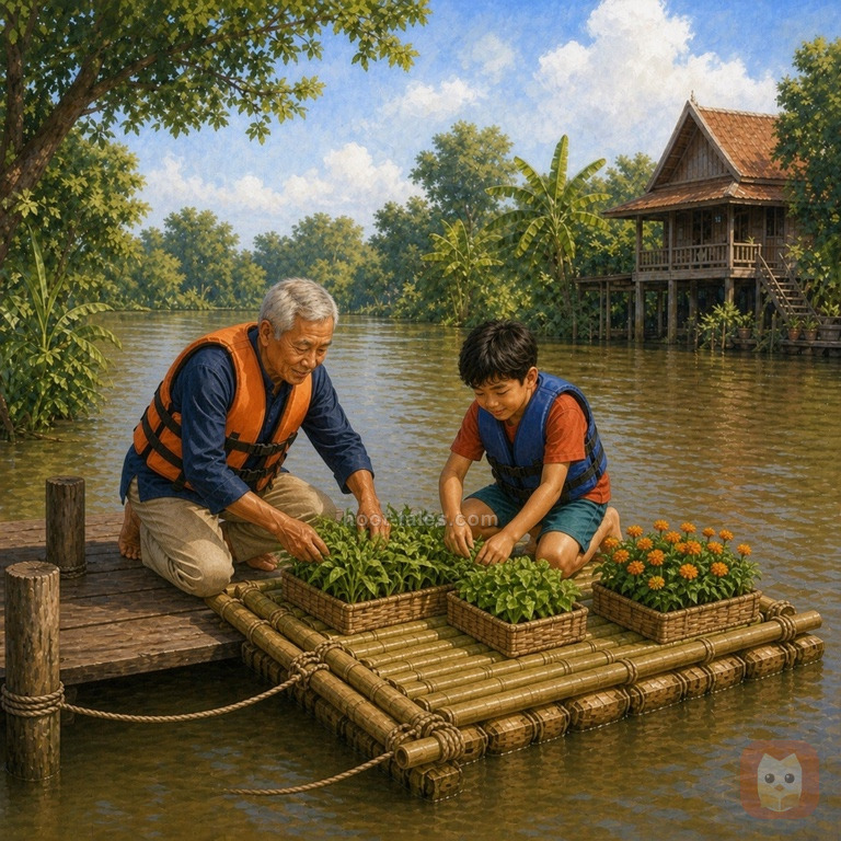 เปากับตาปลูกผักสามชนิดบนแพไม้ไผ่สมดุลที่ผูกกับท่าน้ำในแสงบ่าย ทั้งคู่สวมเสื้อชูชีพและยิ้ม