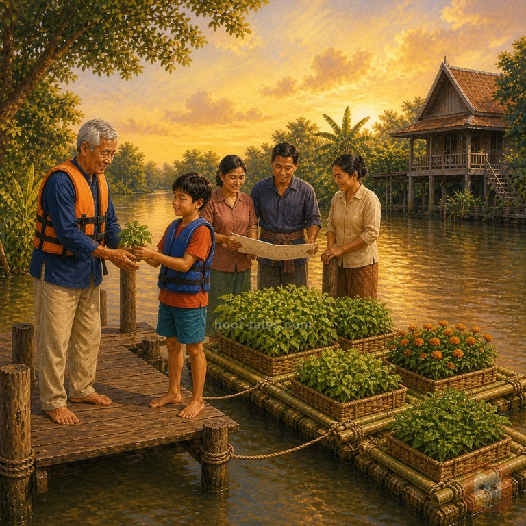 เปา ตา และเพื่อนบ้านชมแปลงผักลอยน้ำเขียวสดหลายแพริมแม่น้ำยามเย็น บรรยากาศร่วมมือและภูมิใจ