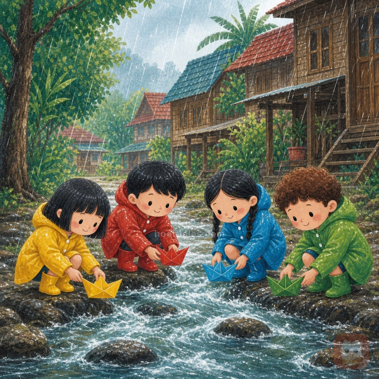 เด็กๆ สวมเสื้อกันฝนสีสันสดใสยืนถือเรือกระดาษหลากสีอยู่ริมธารน้ำฝนไหลเชี่ยวหน้าบ้าน ท้องฟ้ายังคงมีฝนโปรยปรายเบาๆ