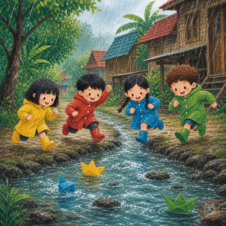 เรือกระดาษสีสันสดใสหลายลำแล่นแข่งกันไปตามธารน้ำฝน เด็กๆ สวมเสื้อกันฝนวิ่งไล่ตามส่งเสียงเชียร์อย่างสนุกสนาน
