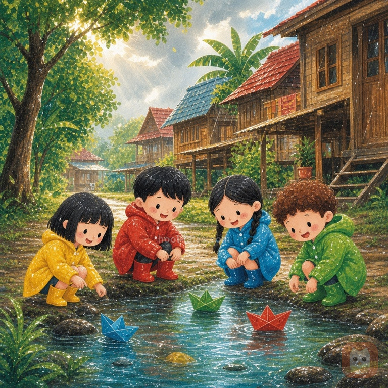 เด็กๆ สวมเสื้อกันฝนสีสันสดใสหัวเราะสนุกสนานด้วยกันริมธารน้ำฝน เรือกระดาษหลากสีลอยอยู่ในน้ำ ท้องฟ้าเริ่มมีแสงแดดส่องผ่านเมฆ