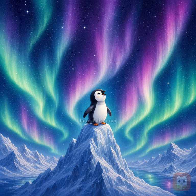 เพนกวินตัวเล็กยืนอยู่บนยอดเขาน้ำแข็งสูง ตื่นตาตื่นใจกับแสงเหนือสีเขียว ชมพู และม่วงสดใสเต็มท้องฟ้าทั้งผืน