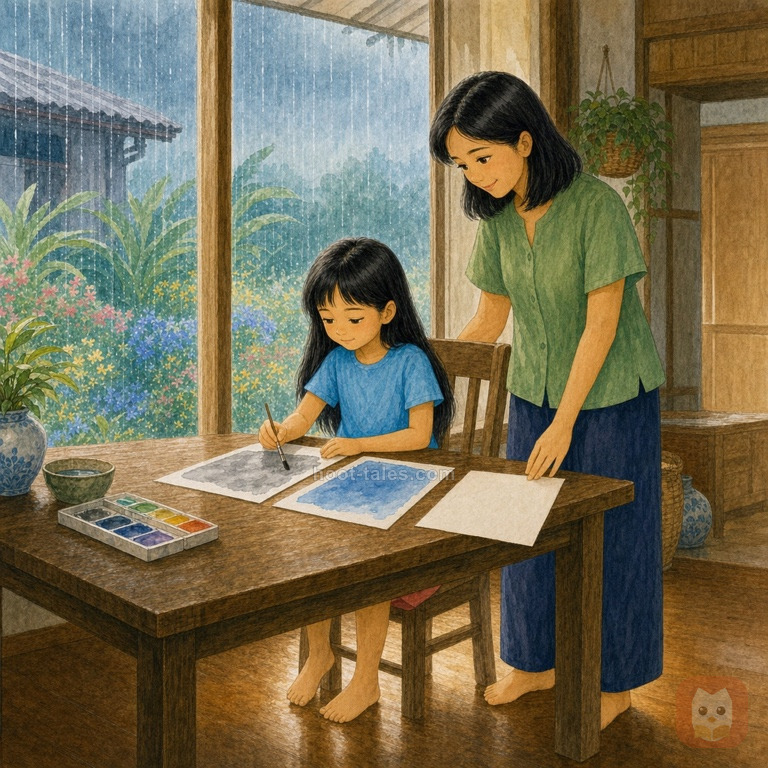 แม่วางกระดาษวาดรูปสามแผ่นให้พิม ขณะที่พิมระบายสีเทาและสีน้ำเงินอย่างครุ่นคิดที่โต๊ะในบ้าน
