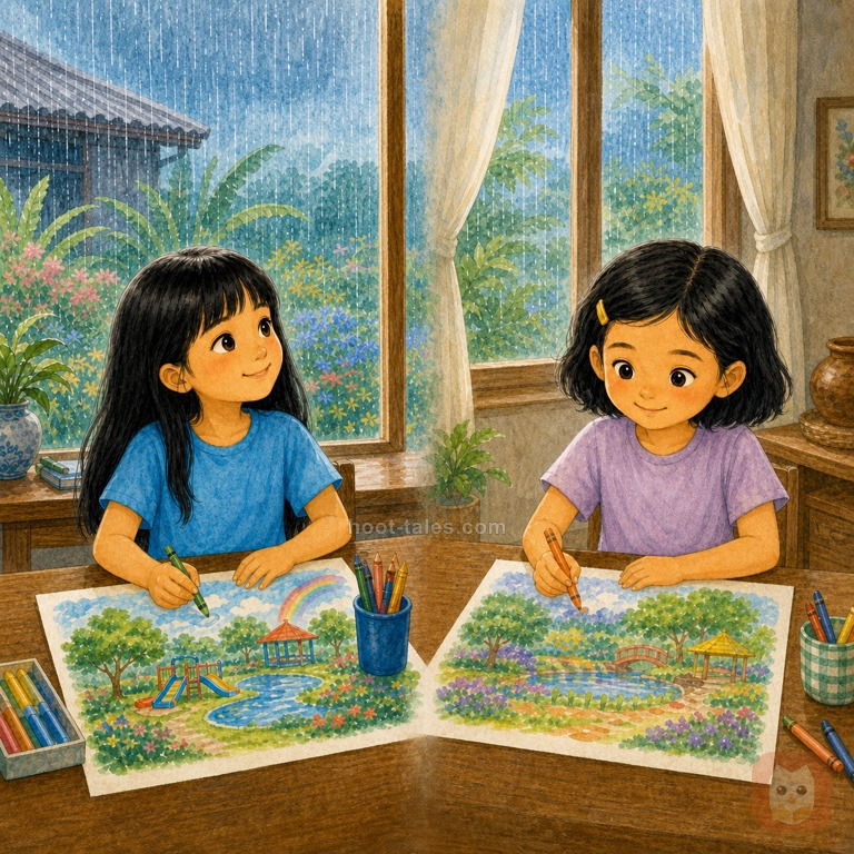 พิมยิ้มขณะวิดีโอคอลกับขิม ทั้งสองวาดภาพสวนในฝันบนโต๊ะของตนในบ้านคนละหลังระหว่างฝนตก
