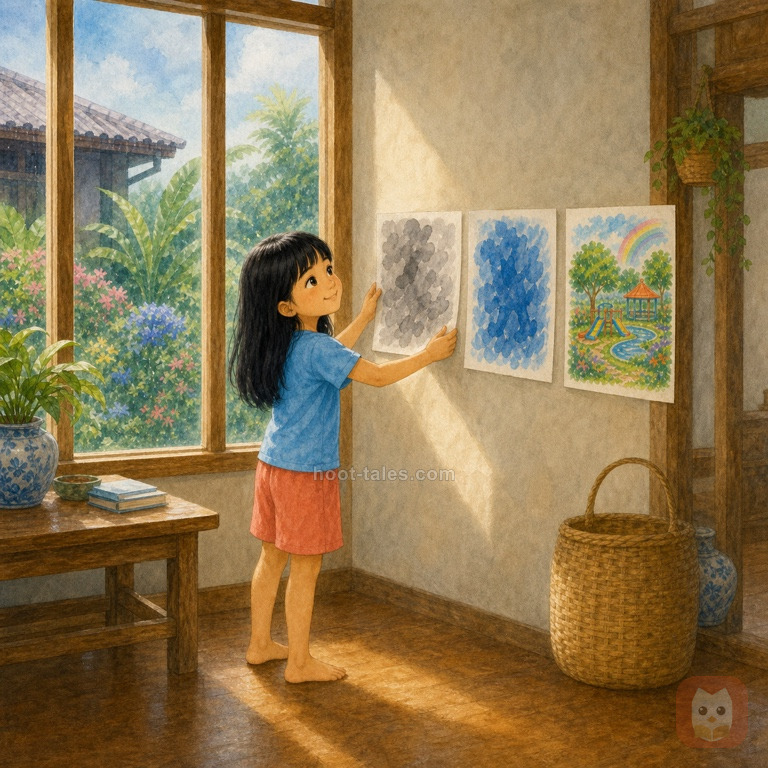 พิมติดภาพวาดสีเทา สีน้ำเงิน และสวนหลากสีเรียงบนผนังใกล้หน้าต่างที่ฝนซา มีแสงอ่อนส่องเข้าบ้าน