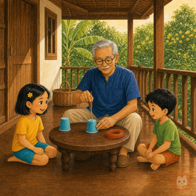 คุณตาเจาะรูถ้วยกระดาษสีฟ้าสองใบบนโต๊ะเตี้ย ขณะแพรวากับนนท์มองเชือกฝ้ายสีส้มและรอช่วยอย่างปลอดภัยบนระเบียงไม้