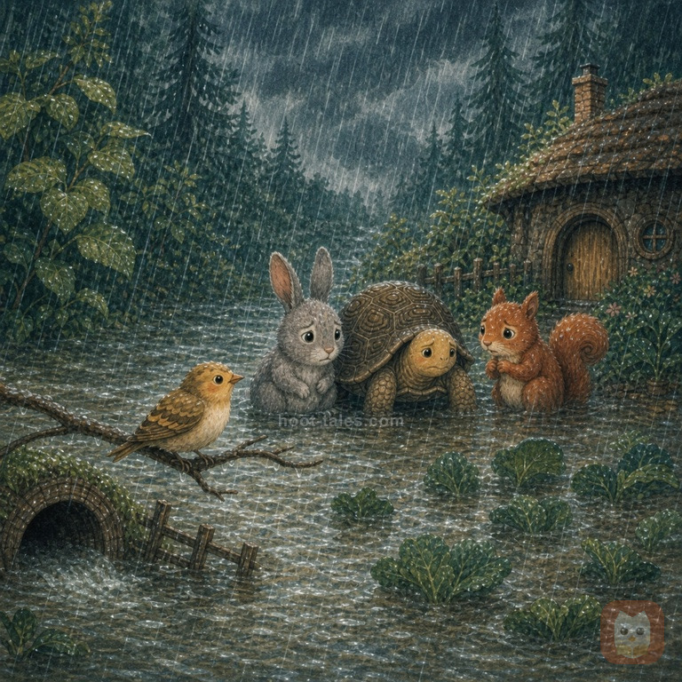 หมู่บ้านสัตว์ป่าเล็กๆ ท่ามกลางฝนที่ตกหนักไม่หยุด ท้องฟ้าเต็มไปด้วยเมฆสีเทาเข้มทะมึน น้ำฝนไหลท่วมสวนผักและปากโพรงดินจนเริ่มเจิ่งนอง