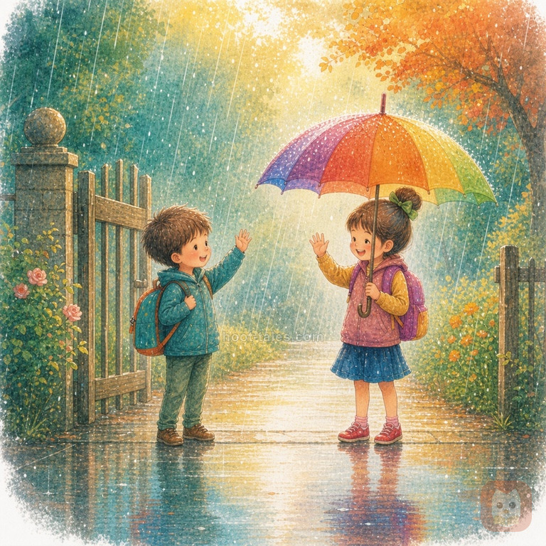 เด็กชายยิ้มโบกมือลาเพื่อนใต้ร่มสีรุ้งสดใส สายฝนโปรยปรายเบาๆ บรรยากาศอบอุ่นเปี่ยมความรู้สึกขอบคุณ