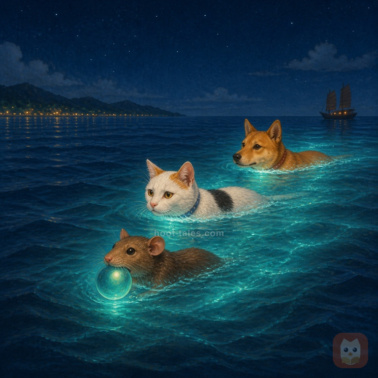 หนูอมดวงแก้วเรืองแสงว่ายนำแมวและหมาผ่านคลื่นกลางคืนไปทางชายฝั่งสงขลาที่อยู่ไกล โดยมีเรือสำเภาเป็นเงาอยู่ด้านหลัง
