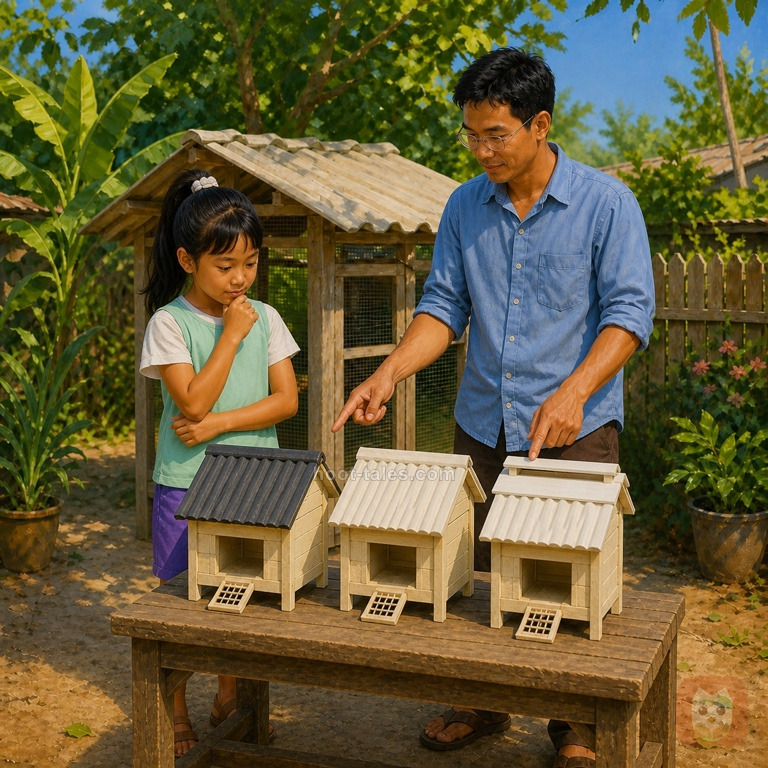 รินกับคุณลุงจัดหลังคาจำลองสีเข้ม สีขาว และแผงบังแดดบนโต๊ะนอกบ้าน ทั้งคู่กำลังวางแผนทดลอง
