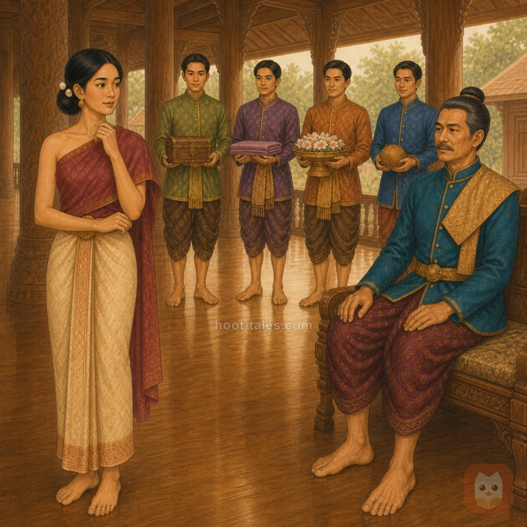 รจนาหญิงสาวไทยยืนครุ่นคิดในท้องพระโรงยามสาย ขณะเจ้าชายหลายองค์ในเครื่องแต่งกายหลากสีรอพิธีเสี่ยงมาลัยต่อหน้าท้าวสามนต์