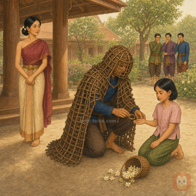 พระสังข์ในเสื้อคลุมและหน้ากากจักสานสีน้ำตาลคุกเข่าคืนกำไลให้เด็กยกดอกไม้ในลานวังยามเช้า ขณะที่รจนาสังเกตอย่างสนใจและคนบางกลุ่มหัวเราะอยู่ไกลๆ