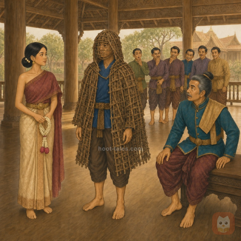 พระสังข์ในเครื่องอำพรางจักสานยืนสงบนิ่งกลางท้องพระโรง รจนาถือพวงมาลัยมองเขาอย่างตั้งใจ ท้าวสามนต์และผู้คนรอบข้างแสดงความประหลาดใจ