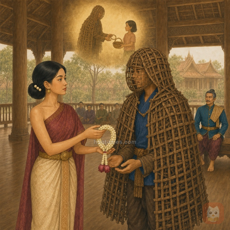รจนาเสี่ยงพวงมาลัยดอกมะลิให้พระสังข์ในเครื่องอำพรางกลางท้องพระโรง แสงทองอ่อนเป็นภาพซ้อนของเขาคืนกำไลและช่วยตะกร้าดอกไม้ ผู้คนเงียบด้วยความตกใจ