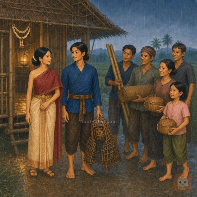 รจนากับพระสังข์ซึ่งถอดหน้ากากจักสานยืนหน้ากระท่อมปลายนาในฝนบางยามเย็น เด็กยกดอกไม้และชาวบ้านนำไม้ไผ่ เสื่อ และอาหารมาช่วย โดยมีมาลัยแขวนเหนือประตู