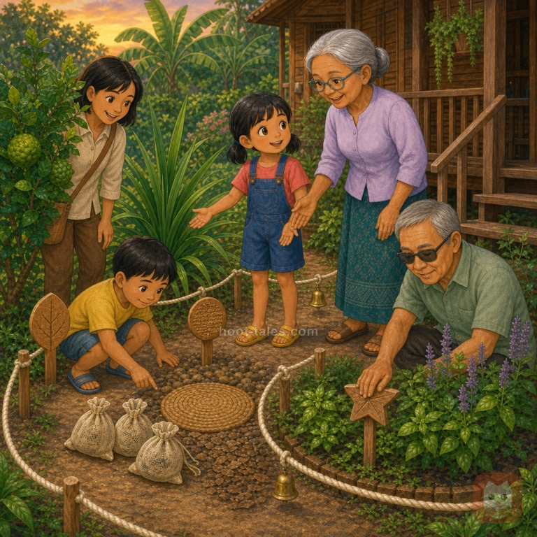 ศศิและยายต้อนรับผู้มาเยือนหลายวัยที่เดินตามเส้นทางสัมผัสในสวนสมุนไพรยามเย็น ทุกคนสำรวจอย่างร่าเริง