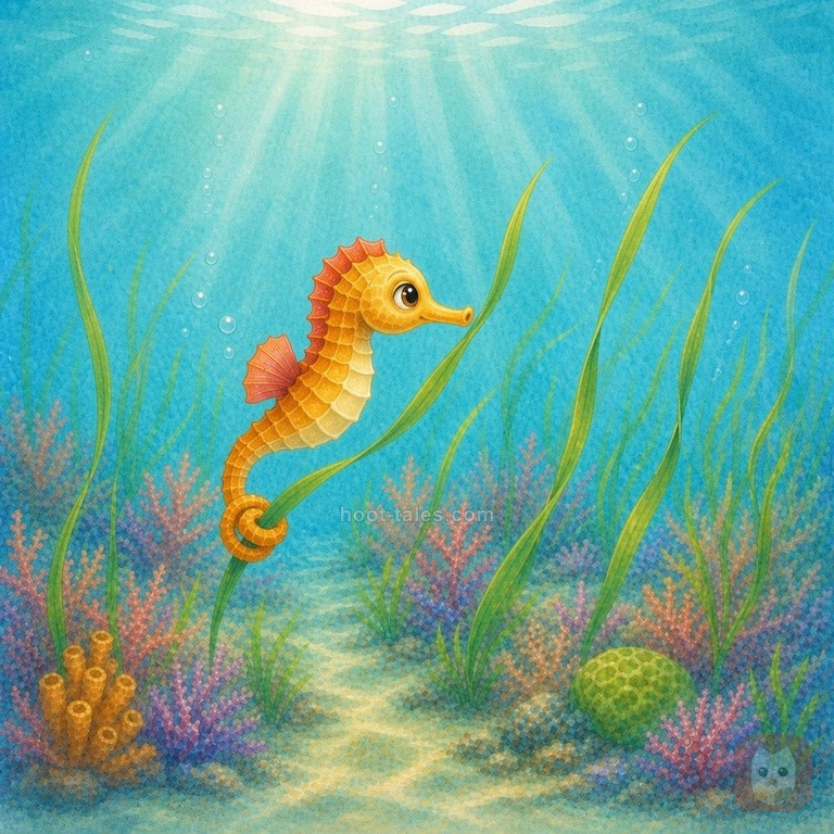 ม้าน้ำตัวเล็กใช้หางม้วนเกาะต้นสาหร่ายทะเลสีเขียวไต่ไปทีละต้นอย่างมั่นคง ท้องทะเลสีฟ้าใสรอบตัว ภาพสีสันสดใสสไตล์นิทานเด็ก