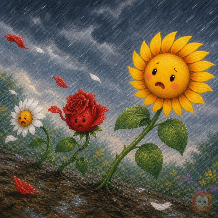 ฉากพายุที่รุนแรงแต่ยังคงสีสันในสวน ลมแรงและฝนตกหนักทำให้ดอกไม้โน้มเอน กุหลาบและเดซี่ก้านหักงอกลีบดอกร่วงกระจาย เมฆดำปกคลุมท้องฟ้าแต่ดอกไม้ยังคงสีสดใส