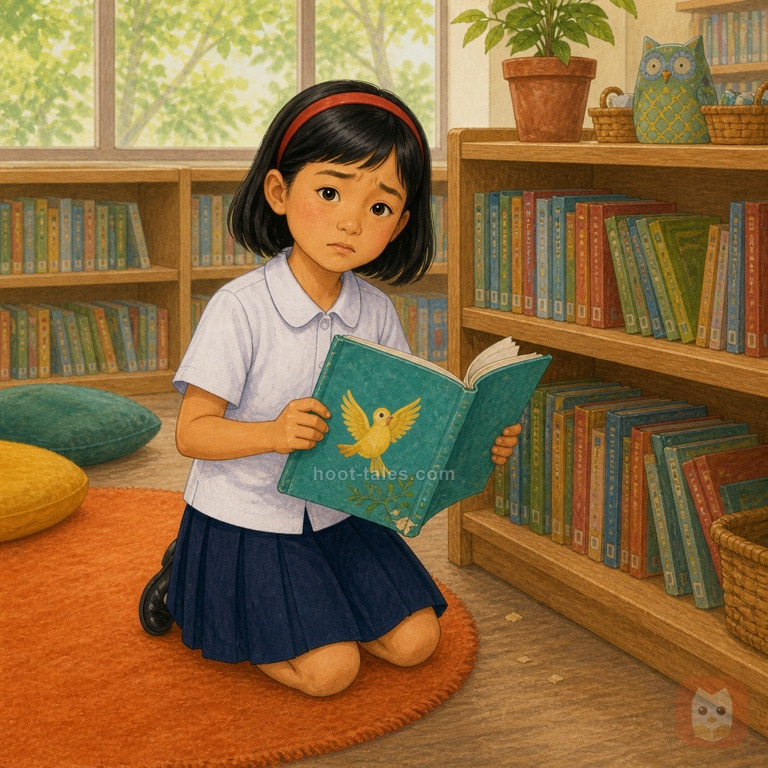 แตงเด็กหญิงไทยคุกเข่าในมุมอ่านหนังสือยามเช้า อุ้มหนังสือภาพปกงอและหน้าฉีกอย่างทะนุถนอม สีหน้าเป็นห่วง