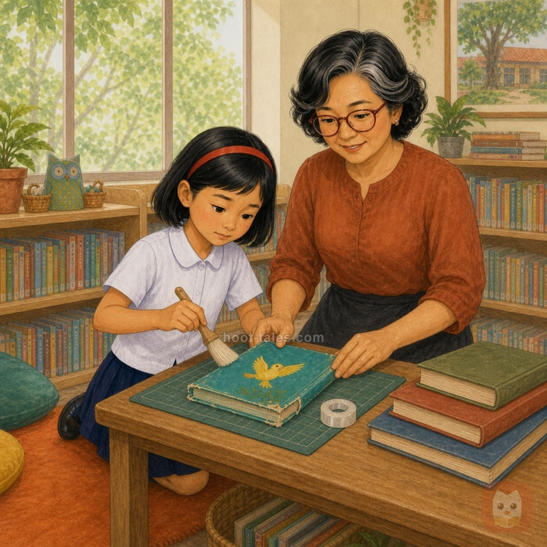 แตงกับบรรณารักษ์จัดแปรงนุ่ม หนังสือหนัก และเทปซ่อมบนโต๊ะเตี้ยในห้องสมุด ทั้งคู่เตรียมซ่อมอย่างระมัดระวัง