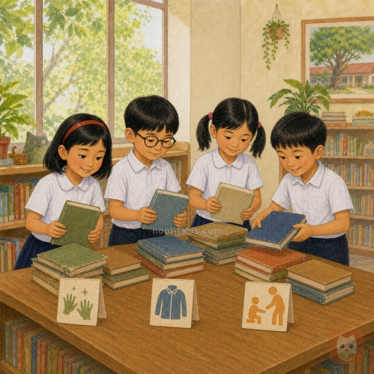 แตงและเพื่อนสามคนคัดหนังสือตามอาการที่โต๊ะโรงพยาบาลหนังสือในห้องสมุด มีป้ายภาพไร้ตัวอักษรและทุกคนตั้งใจ