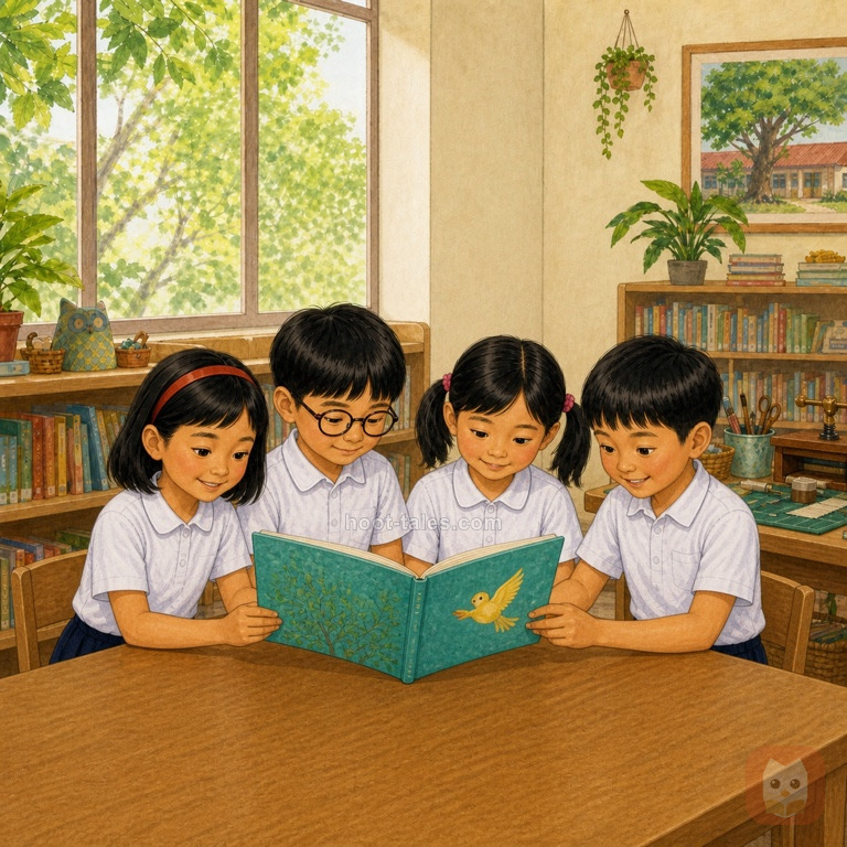 แตงอ่านหนังสือที่ซ่อมแล้วกับเพื่อนในมุมห้องสมุดยามบ่าย หนังสือเรียงเรียบร้อยและทุกคนจับหน้าอย่างเบามือ