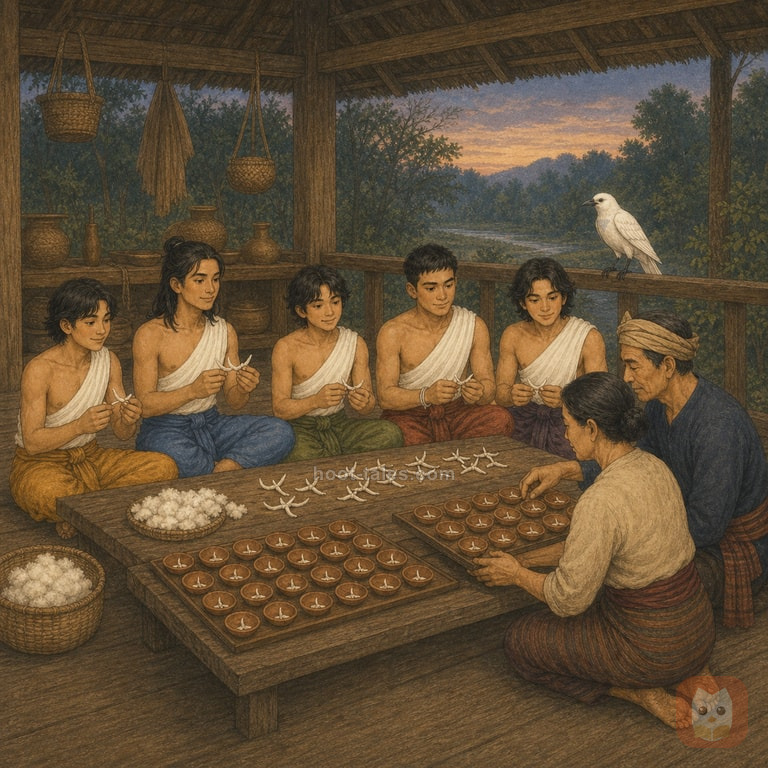 ฤๅษีหนุ่มห้าคนส่งไส้ฝ้ายสามแฉกให้ช่างผู้ใหญ่ข้างผางประทีปดินเผาที่ยังไม่จุดในเรือนล้านนายามเย็น แม่กาเผือกเกาะดูอย่างสงบ