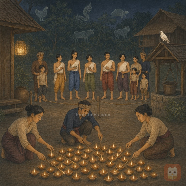 ผู้ใหญ่จุดผางประทีปตีนกาในลานชุมชนล้านนาคืนยี่เป็ง ฤๅษีห้าคน แม่กาเผือก และเด็กๆ ที่ยืนห่างจากไฟมองแสงอบอุ่นด้วยความกตัญญู