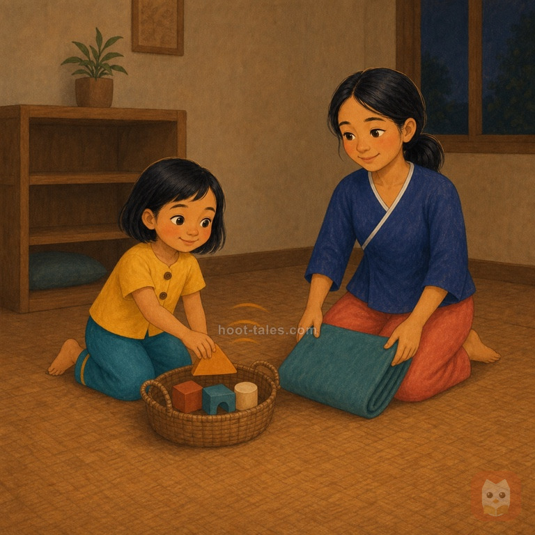 ดาวเด็กเล็กชาวไทยเก็บบล็อกชิ้นสุดท้ายลงตะกร้าในห้องเล่น ขณะที่แม่พับเสื่อและเส้นเสียงสีอำพันลอยเบาๆ จากตะกร้ายามค่ำ