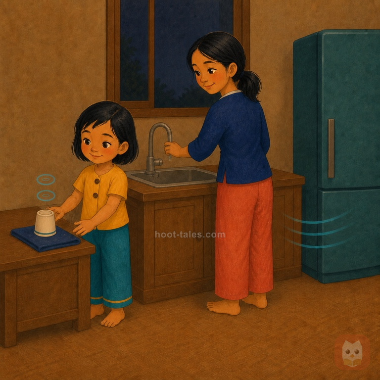ดาววางถ้วยคว่ำบนผ้าแห้งในครัว ขณะที่แม่ปิดก๊อกน้ำให้สนิทและตู้เย็นส่งเส้นเสียงสีเขียวอมฟ้าอย่างนุ่มนวล